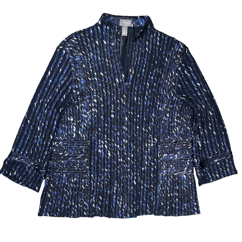 Chicos Travelers Collection Julianne Jacket Women XL Blue Pleated Abstract